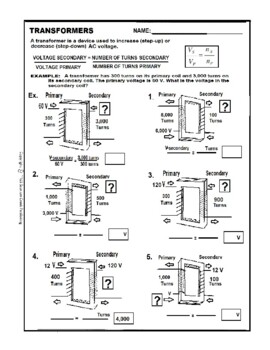 Preview of Transformers Worksheet - Solve for Step-UP or Step-Down Solutions