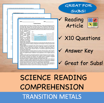 Preview of Transition Metals - Reading Passage and x 10 Questions (EDITABLE)