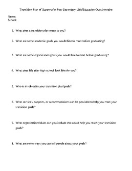 Preview of Transition Plan Support Plan Student Questionnaire