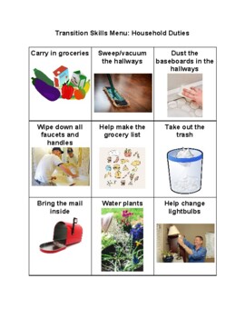 Transition Skills Household Duties Distance Learning Menu Choice Board