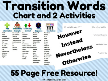 Preview of Transition Words and Phrases Chart and 2 Activities - ELA - Middle School