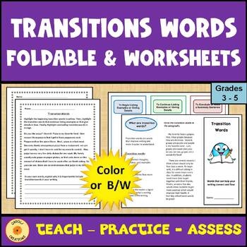 Preview of Transition Words Foldable and Worksheets with Easel Option