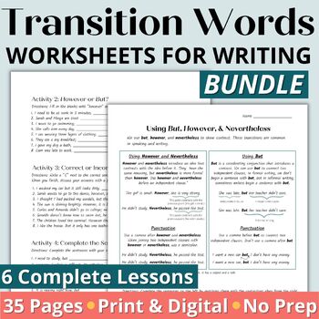 Preview of Transition Words Worksheets for Writing for Adult ESL & High School ELA - Bundle