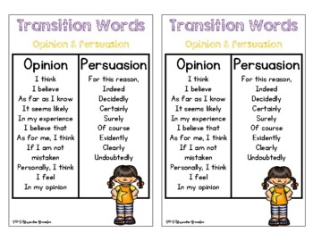 Preview of Transition Words: Opinion and Persuasion