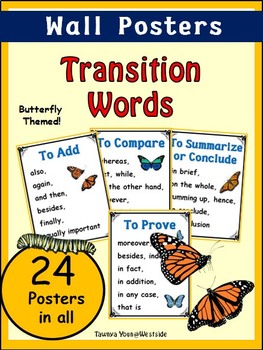Preview of Transition Words POSTERS for Wall Display (45 pages) Butterfly Themed