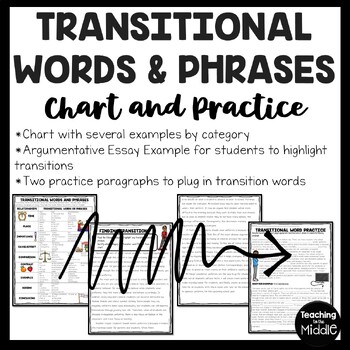 Preview of Transition Words and Phrases Chart and Practice Worksheet with Examples Writing