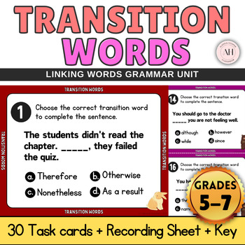 Preview of Transition Words and Phrases Linking Words in Writing Task Cards