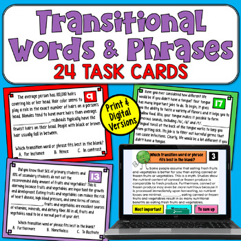Preview of Transition Words and Phrases Task Cards: 24 Practice Paragraphs for Minilesson