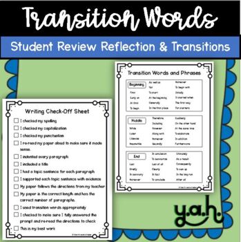 Preview of Transition words & Student Reflection Essay Writing Check Reference Sheet Edit