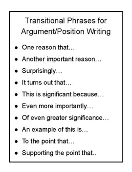 Preview of Transitional Phrases for Argument/Position Writing