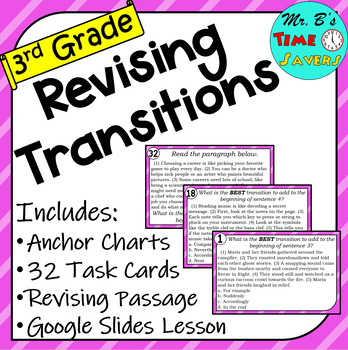Preview of Transitions 32 TASK CARDS Revising Passage & 3rd Grade Google Slides Lesson