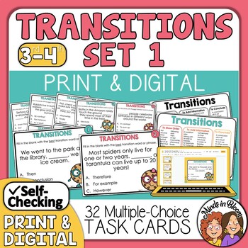 Preview of Transition Words Task Cards - Linking Words and Phrases with Transitions - Set 1