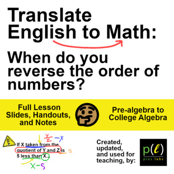 Preview of Translate English to Math: Reverse number order in "Than" and "From" problems