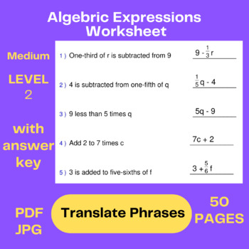 Preview of Translating Algebraic Expressions Practice Worksheet -TRANSLATE WORDS INTO MATH
