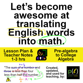 Preview of Translate Words to Math - Lesson Plan, 1-3 hrs, Pre-algebra/College Algebra