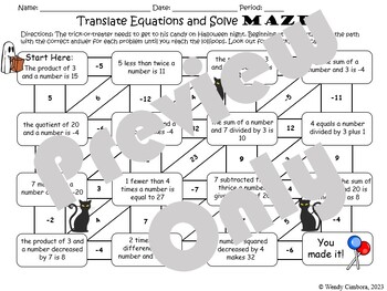 Preview of Translate and Solve Equations Maze