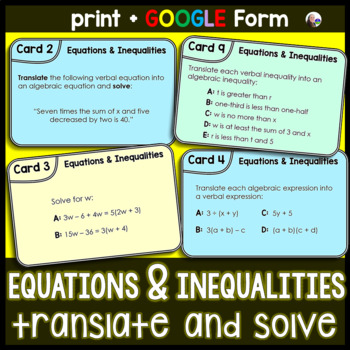 Preview of Translating Algebra Equations and Inequalities Task Cards Activity