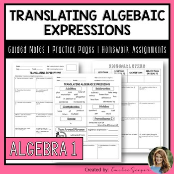 Preview of Translating Algebraic Expressions - Guided Notes | Practice | Homework