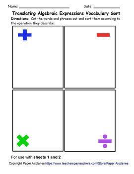 Translating Algebraic Expressions Vocab Sort with Differentiation