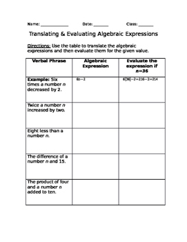 translating algebraic expressions worksheet teaching resources tpt