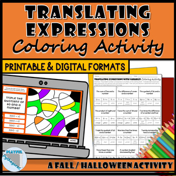 Preview of Translating Expressions Fall/Halloween Coloring Activity (print & digital)