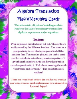 Preview of Translating Expressions and Equations Matching Cards