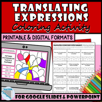 Preview of Translating Variable Expressions Heart Coloring Activity (print & digital)