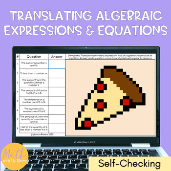 Preview of Translating Verbal Expressions & Equations Pixel Art Digital Activity 8th Grade