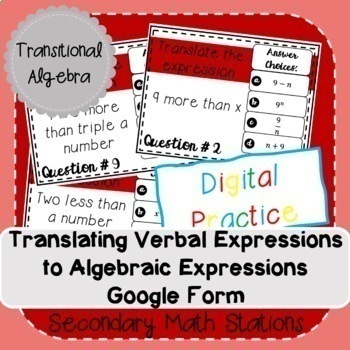 Preview of Translating Verbal Expressions to Algebraic Expressions Google Form (Digital)
