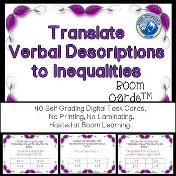 Preview of Translating Verbal Expressions to Inequalities Boom Cards--Digital Task Cards