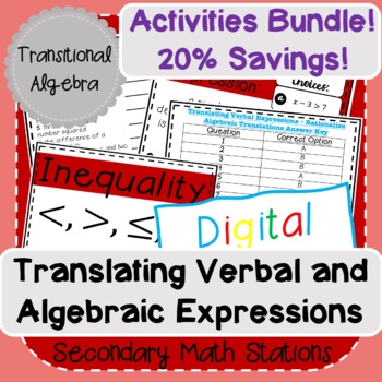 Preview of Translating Verbal and Algebraic Expressions Activities Bundle!