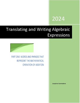 Preview of Translating and Writing Algebraic Expressions - PART ONE:  Addition