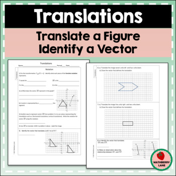 Preview of Translations Worksheet Vectors Coordinate Plane Function Notation Geometry