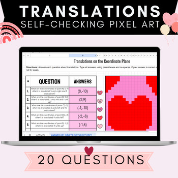 Preview of Translations on the Coordinate Plane Pixel Art | Valentine's Day | 20 Questions