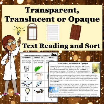Preview of Transparent, Translucent, Opaque Light Text Reading, Experiment, Sort Activity