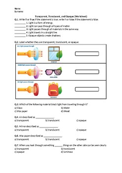 Preview of Transparent, Translucent, and Opaque - Worksheet | Printable & Distance Learning