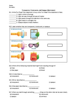Preview of Transparent, Translucent, and Opaque - Worksheet | Easel Activity, Printable PDF
