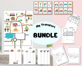 Preview of Transport Bundle for Preschoolers | Flashcards. Pre-writing, coloring, cutting