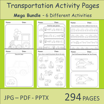 Preview of Transportation Activity Pages. 6 Different Types of Activity Worksheets for Kids