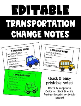 Preview of EDITABLE Transportation Change Notes