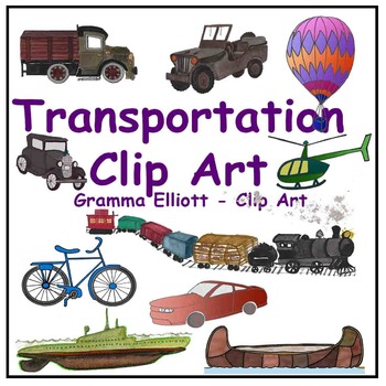 Preview of Transportation Clip Art Train Boat Canoe Helicopter Bus Sub Truck Semi-Realistic
