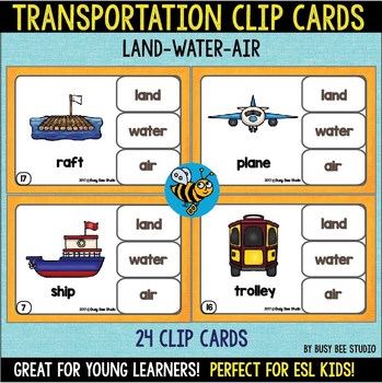 Transportation Clip Cards (Land-Water-Air) for Young Learners and ESL Kids