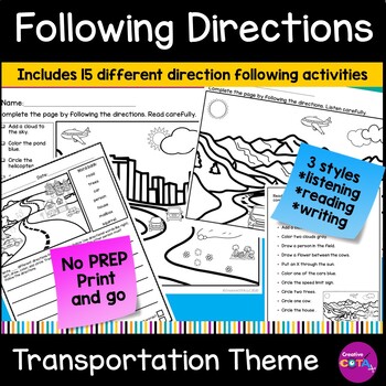 Preview of Follow Directions Coloring Page Activity Listening Comprehension Transportation