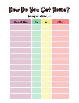 Preview of Transportation List - Bus, Car, Walking, Other