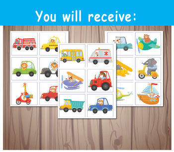 Transportation Matching Game, Symmetry Cards, Preschool Learning.