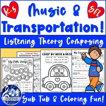 Preview of MUSIC Activities Transportation On the Go Worksheets Classroom Theory Coloring