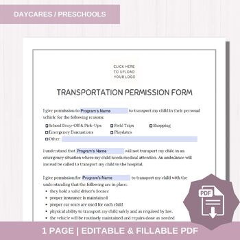 Preview of Transportation Permission Agreement Form | Daycare Editable Fillable PDF