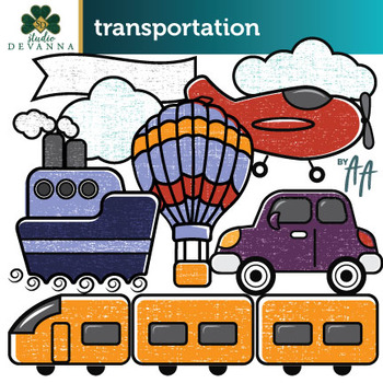 Preview of Free Transportation Clip Art - Plane, Train, Automobile, Ship, Hot Air Balloon