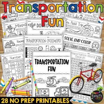 Preview of Transportation Theme No Prep Fun Worksheets Word Search Crossword Puzzles