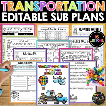 Preview of Transportation Themed Math and ELAR Editable Sub Plans | NO PREP Activities